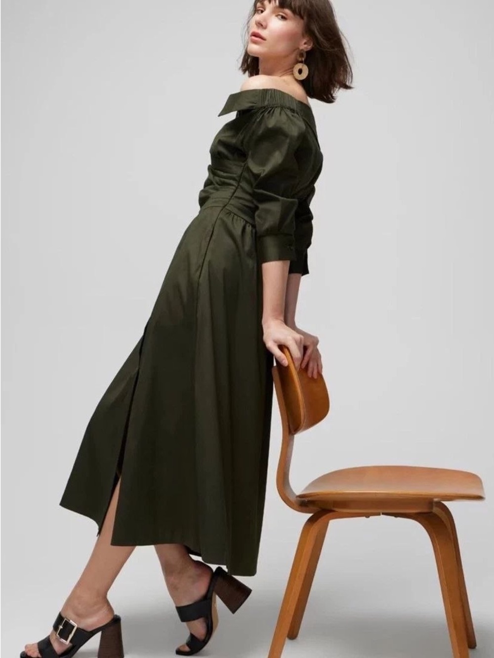 White House Black Market Olive Off-the-Shoulder Midi DressWrap Bust Size 4